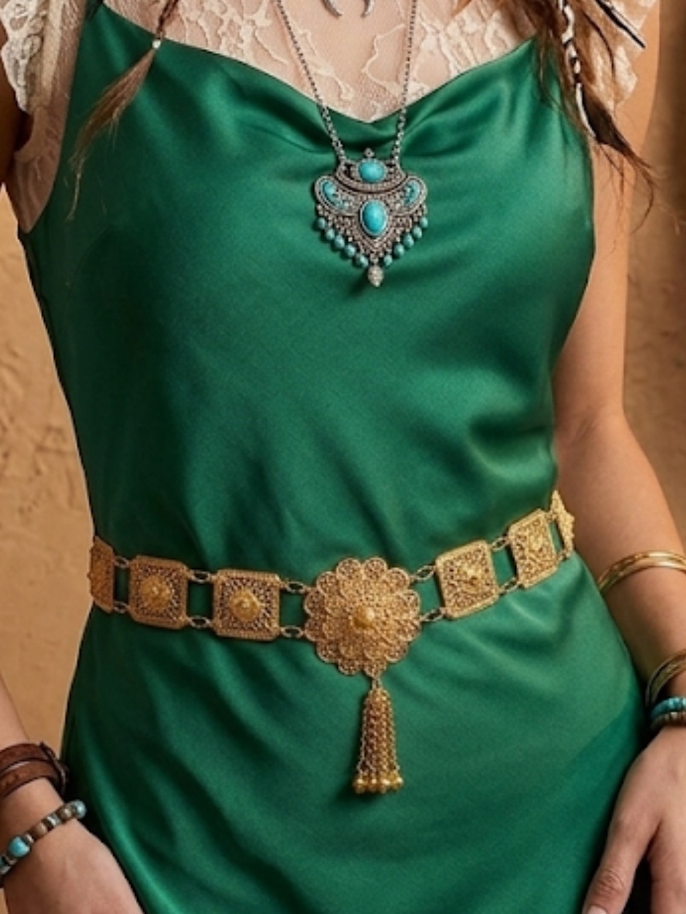 Vintage Style Gold Filigree Flower Link Waist Chain Medallion Tassel NEW! - Picture 8 of 8